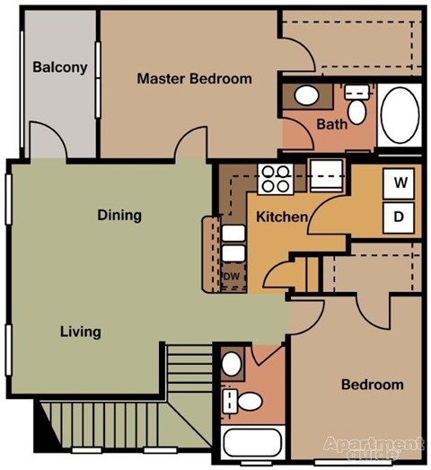 Apartment floor plan with living room, dining room, kitchen, and bedrooms.